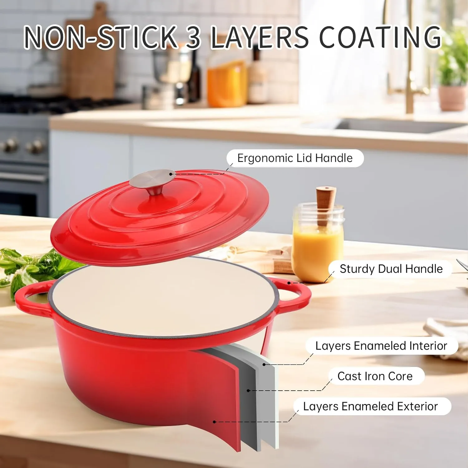 6 Quart Enameled Cast Iron Dutch Oven Pot with Lid and Silicone Accessories, Oven Safe up to 500°F or on Stovetop, Non-stick Dutch Oven for Bread Baking, Cooking, Dual Handles Cookware, Red