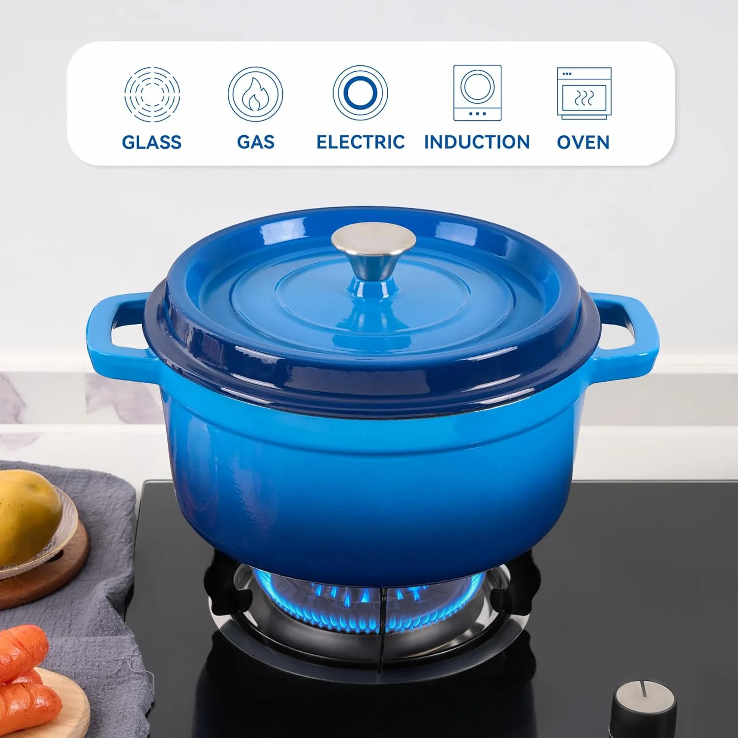 6.5 Quart Enameled Cast Iron Dutch Oven Pot with Lid, Dual Handle for Bread Baking, Pre-Seasoned Cookware, Heavy-Duty, Oven Safe up to 500° F, Non-stick & Applicable All Cookings, Blue