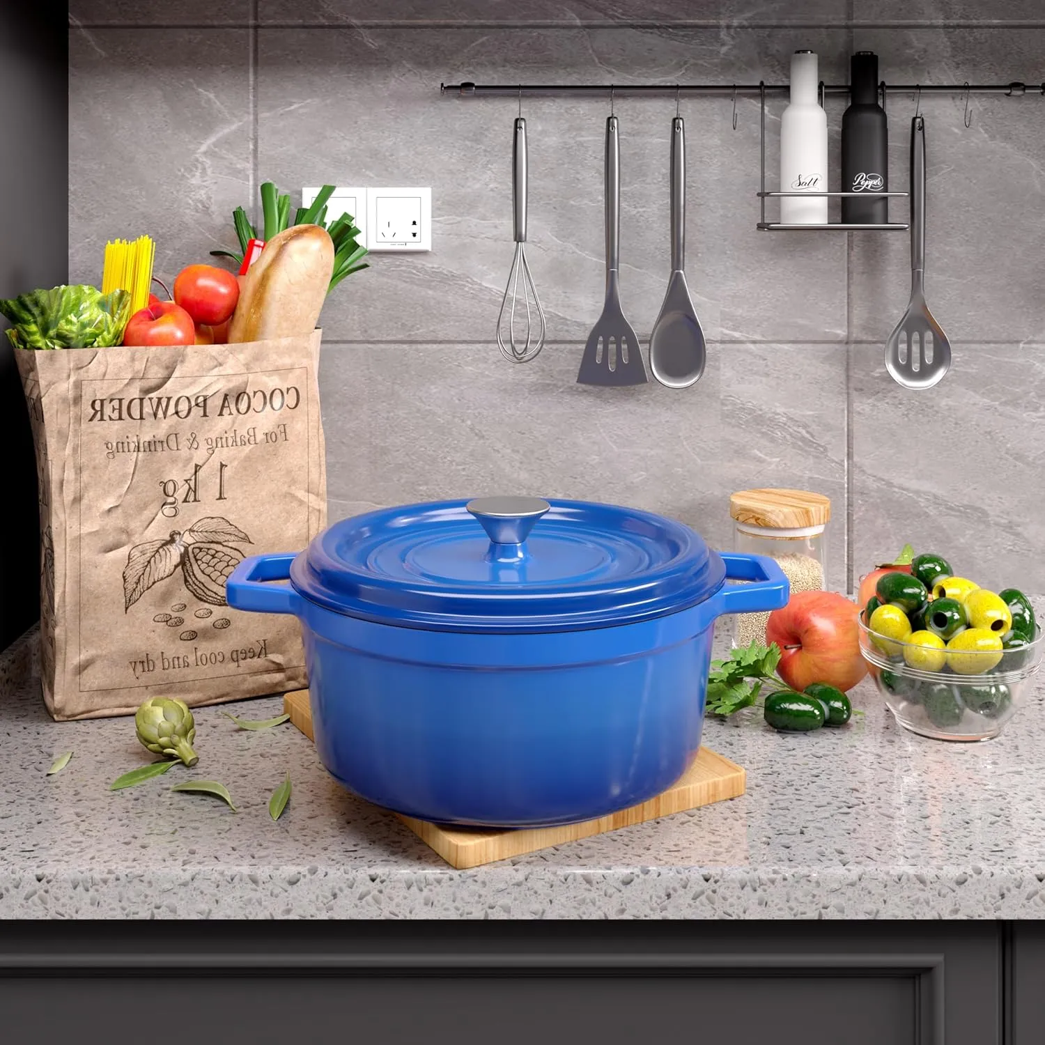 6.5 Quart Enameled Cast Iron Dutch Oven Pot with Lid, Dual Handle for Bread Baking, Pre-Seasoned Cookware, Heavy-Duty, Oven Safe up to 500° F, Non-stick & Applicable All Cookings, Blue