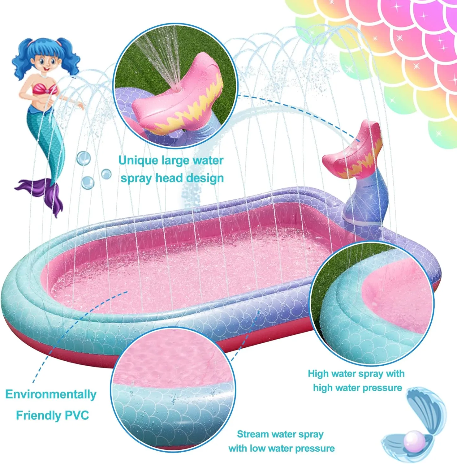68" Sprinkler & Splash Pad for Kids, Large Outdoor Mermaid Sprinklers Play Mat Summer Water Play Toys Inflatable Sprinkler Pad, Fun Play Pool for Toddlers Babies Over 3 Years Boys Girls - Pink