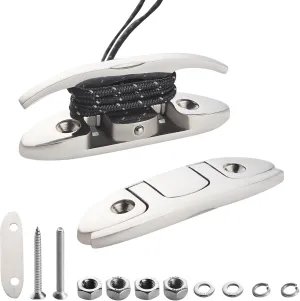 6" Flip-Up Boat Cleats (2-Pack), 316 Stainless Steel Folding Dock Cleats for Kayak Pontoon Bass Boat, Marine Hardware with Back Plate & Mounting Kit