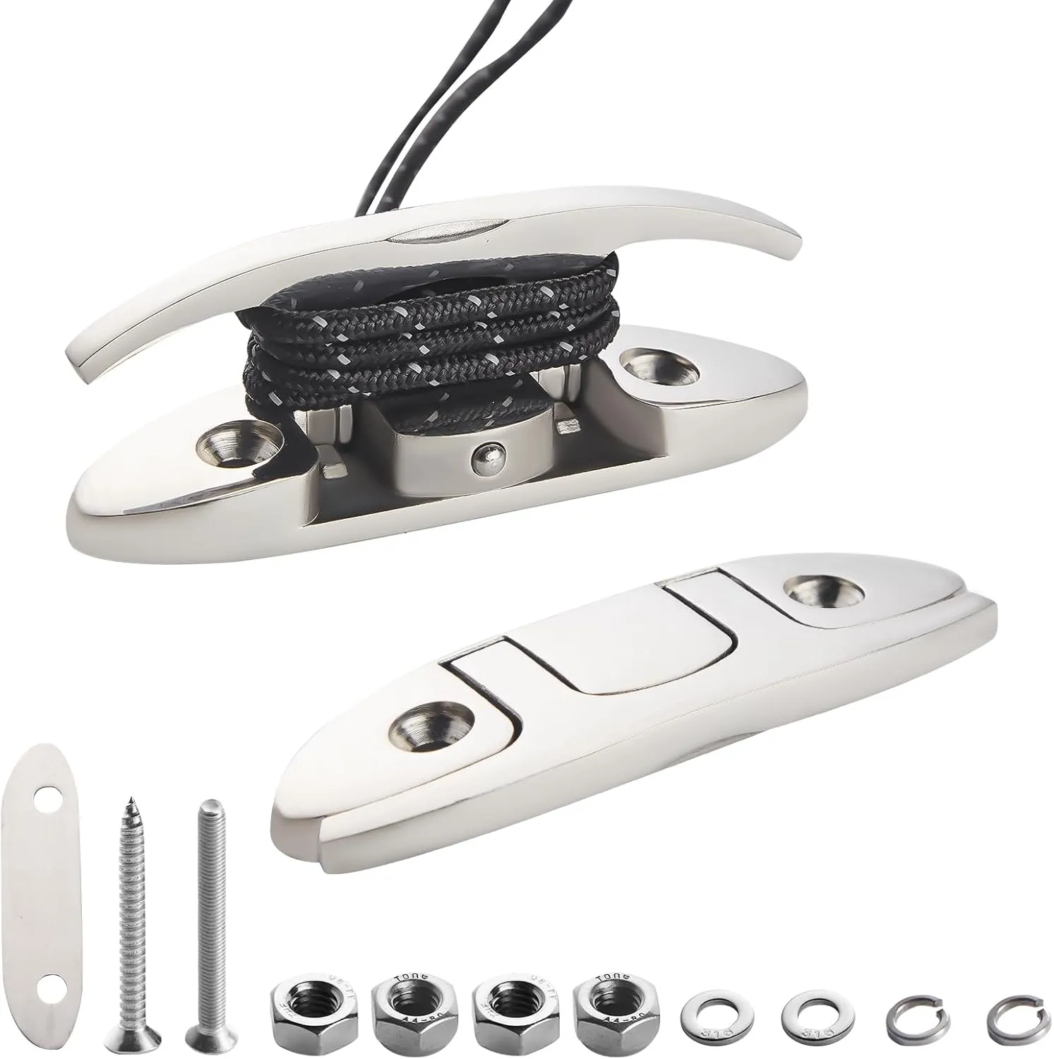 6" Flip-Up Boat Cleats (2-Pack), 316 Stainless Steel Folding Dock Cleats for Kayak Pontoon Bass Boat, Marine Hardware with Back Plate & Mounting Kit