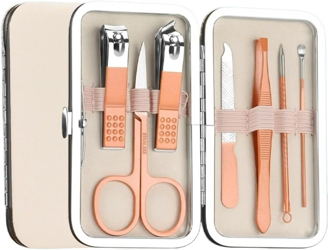7-Piece Portable Stainless Steel Nail Clippers Set, Travel Manicure & Pedicure Kit, Ear Cleaning Tools, Personal Care Set with Gold Synthetic Leather Case(Gold)