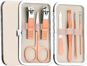 7-Piece Portable Stainless Steel Nail Clippers Set, Travel Manicure & Pedicure Kit, Ear Cleaning Tools, Personal Care Set with Gold Synthetic Leather Case(Gold)