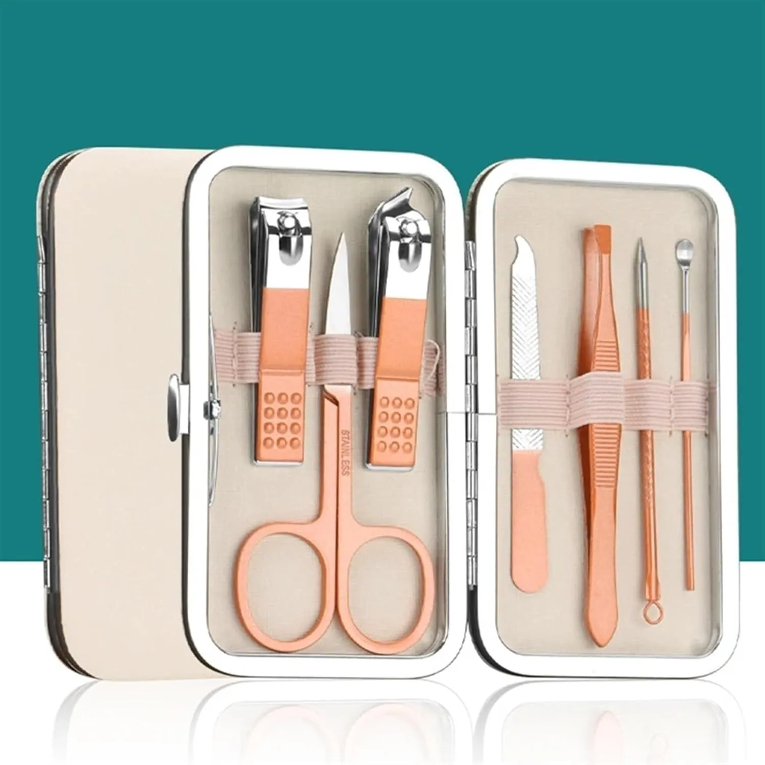 7-Piece Portable Stainless Steel Nail Clippers Set, Travel Manicure & Pedicure Kit, Ear Cleaning Tools, Personal Care Set with Gold Synthetic Leather Case(Gold)