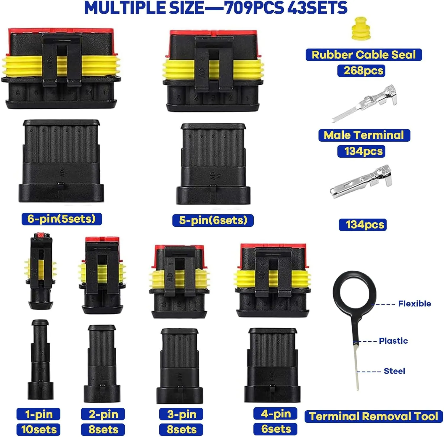 709Pcs Waterproof Wire Connectors, 43 Kits Automotive Electrical Connectors Electrical Wire Connectors Kit 1/2/3/4/5/6 Pin Weather Pack Connector for 13-20 AWG Wire with Ratchet Crimping Tool