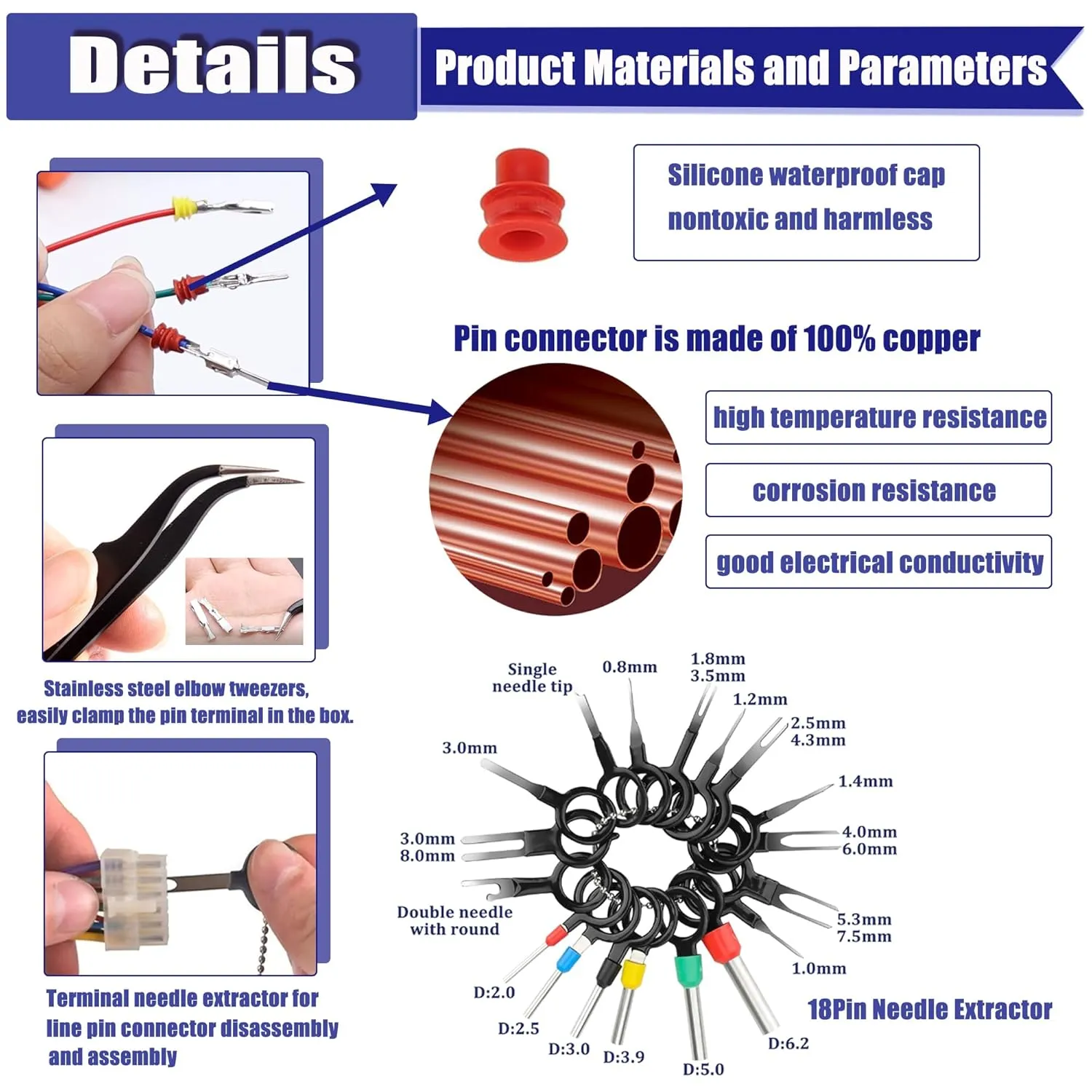 755PCS 21 Type Pin Connectors Kit,Car Electrical Wire Pins 1/1.5/1.8/2.2/2.8/3.5mm Automotive Electrical Pins Connector Kit Wire Removal Non-Insulated Plug Male Female Crimp