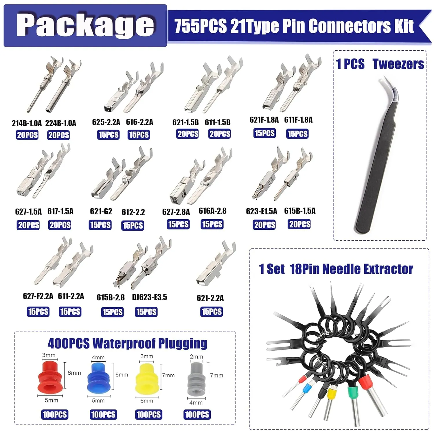 755PCS 21 Type Pin Connectors Kit,Car Electrical Wire Pins 1/1.5/1.8/2.2/2.8/3.5mm Automotive Electrical Pins Connector Kit Wire Removal Non-Insulated Plug Male Female Crimp