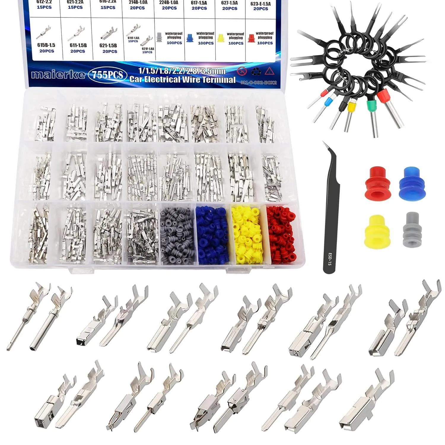 755PCS 21 Type Pin Connectors Kit,Car Electrical Wire Pins 1/1.5/1.8/2.2/2.8/3.5mm Automotive Electrical Pins Connector Kit Wire Removal Non-Insulated Plug Male Female Crimp
