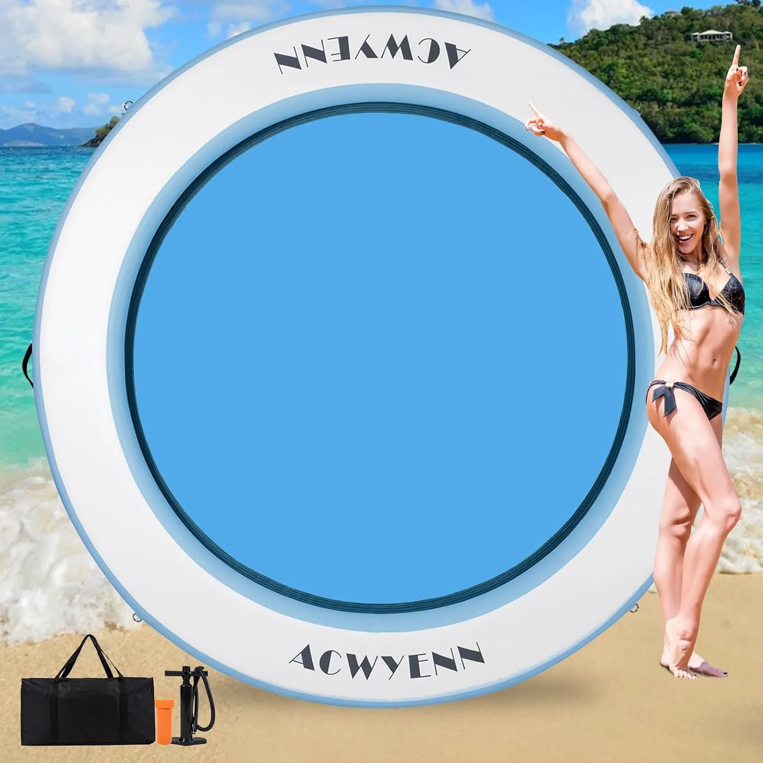 8FT Water Hammock Floating Dock Heavy Duty Round Floating Ring for Lake, Ocean & Pool, Inflatable Pool Float with Thick Drop Stitch PVC, Adult Lake Float for 4-6 People