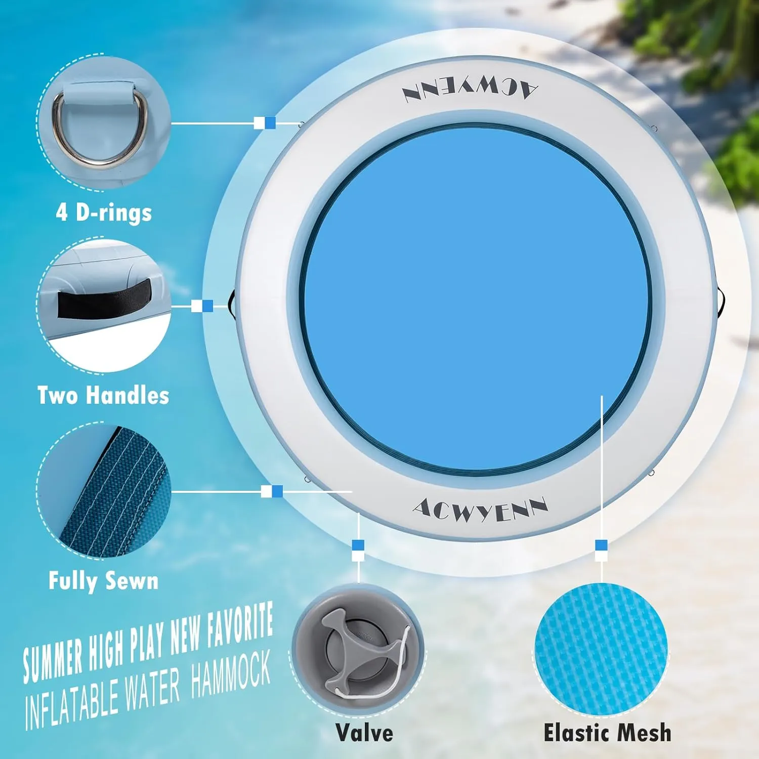 8FT Water Hammock Floating Dock Heavy Duty Round Floating Ring for Lake, Ocean & Pool, Inflatable Pool Float with Thick Drop Stitch PVC, Adult Lake Float for 4-6 People