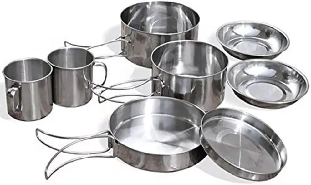 8Pcs/Set Ultra-Light Stainless Steel Outdoor Picnic Pot Pan Kit Outdoor Camping Hiking Mini Cookware Bowl Cup Cover Cooking Set