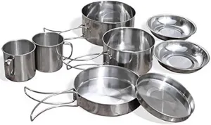 8Pcs/Set Ultra-Light Stainless Steel Outdoor Picnic Pot Pan Kit Outdoor Camping Hiking Mini Cookware Bowl Cup Cover Cooking Set