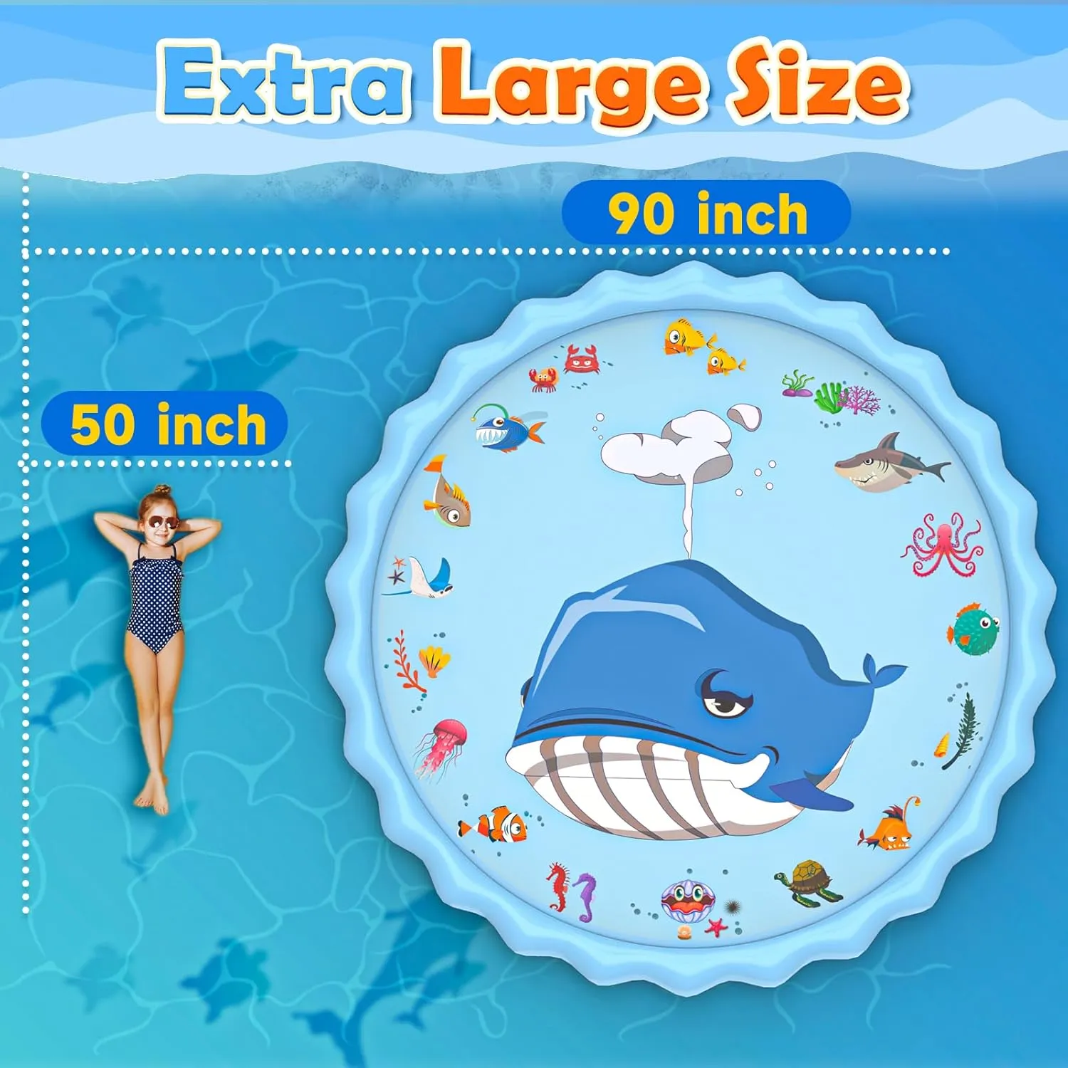 90" Splash Pad for Kids, Sprinkler & Splash Play Mat, Extra Large Inflatable Wading Pool with Thicker Material, Summer Outdoor Water Toys for Kids & Dogs