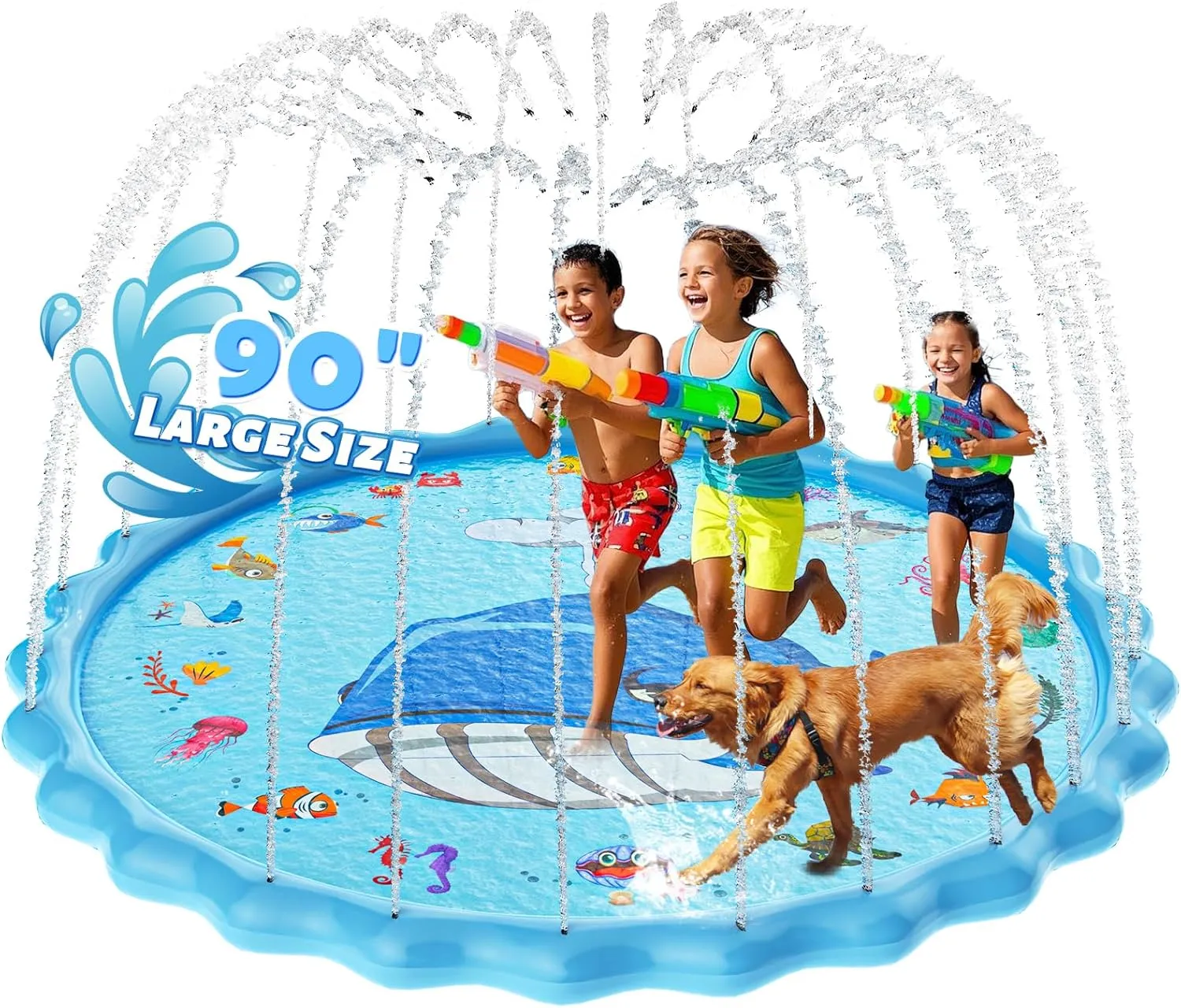 90" Splash Pad for Kids, Sprinkler & Splash Play Mat, Extra Large Inflatable Wading Pool with Thicker Material, Summer Outdoor Water Toys for Kids & Dogs