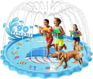 90" Splash Pad for Kids, Sprinkler & Splash Play Mat, Extra Large Inflatable Wading Pool with Thicker Material, Summer Outdoor Water Toys for Kids & Dogs