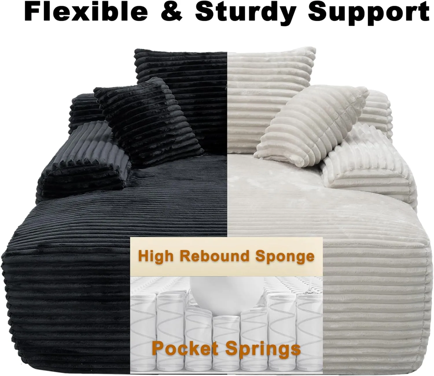 98'' Oversized Sofa Bed Couch, Chaise Lounge Chair Indoor, Cloud Memory Foam Boneless Couches for Living Room, Corduroy Sleeper Sofa,Deep Seat 6 Pillows,No Assembly,Black.