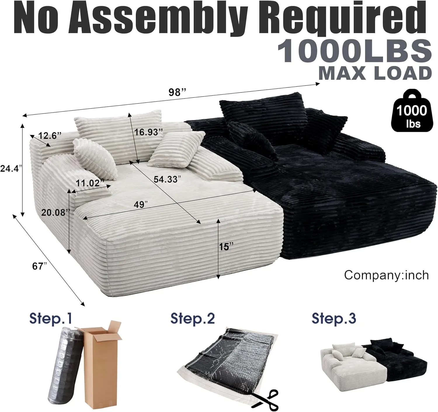 98'' Oversized Sofa Bed Couch, Chaise Lounge Chair Indoor, Cloud Memory Foam Boneless Couches for Living Room, Corduroy Sleeper Sofa,Deep Seat 6 Pillows,No Assembly,Black.