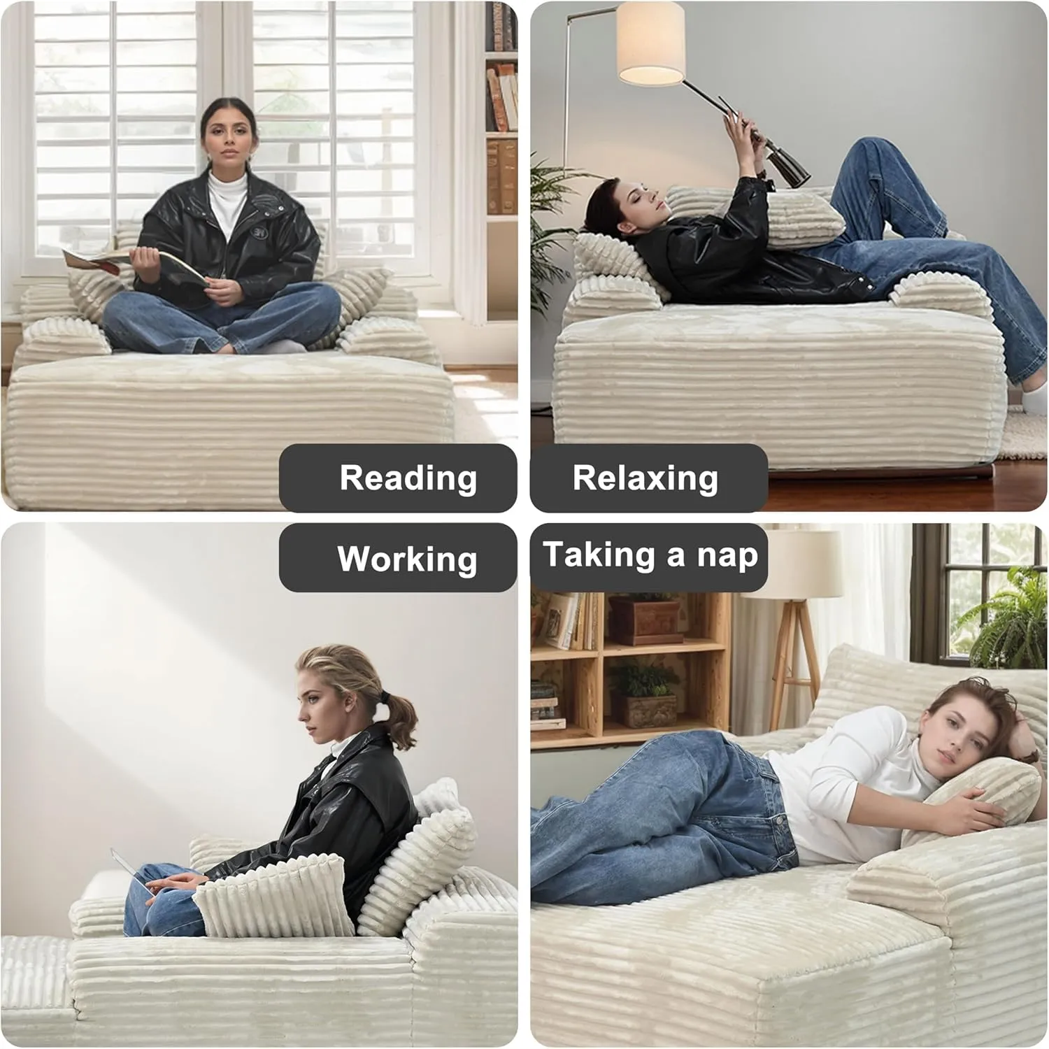 98'' Oversized Sofa Bed Couch, Chaise Lounge Chair Indoor, Cloud Memory Foam Boneless Couches for Living Room, Corduroy Sleeper Sofa,Deep Seat 6 Pillows,No Assembly,Black.