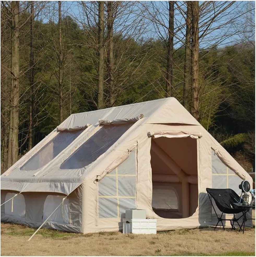 9.8 x13ft Inflatable Camping Tents with Hand Pump, Air Glamping Tents, Easy Setup Waterproof and Windproof Blow up Tent, 4 Seasons Oxford Cabin Tent with Mesh & Chimney Windowfor 7-8 People, Beige