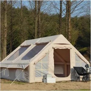 9.8 x13ft Inflatable Camping Tents with Hand Pump, Air Glamping Tents, Easy Setup Waterproof and Windproof Blow up Tent, 4 Seasons Oxford Cabin Tent with Mesh & Chimney Windowfor 7-8 People, Beige