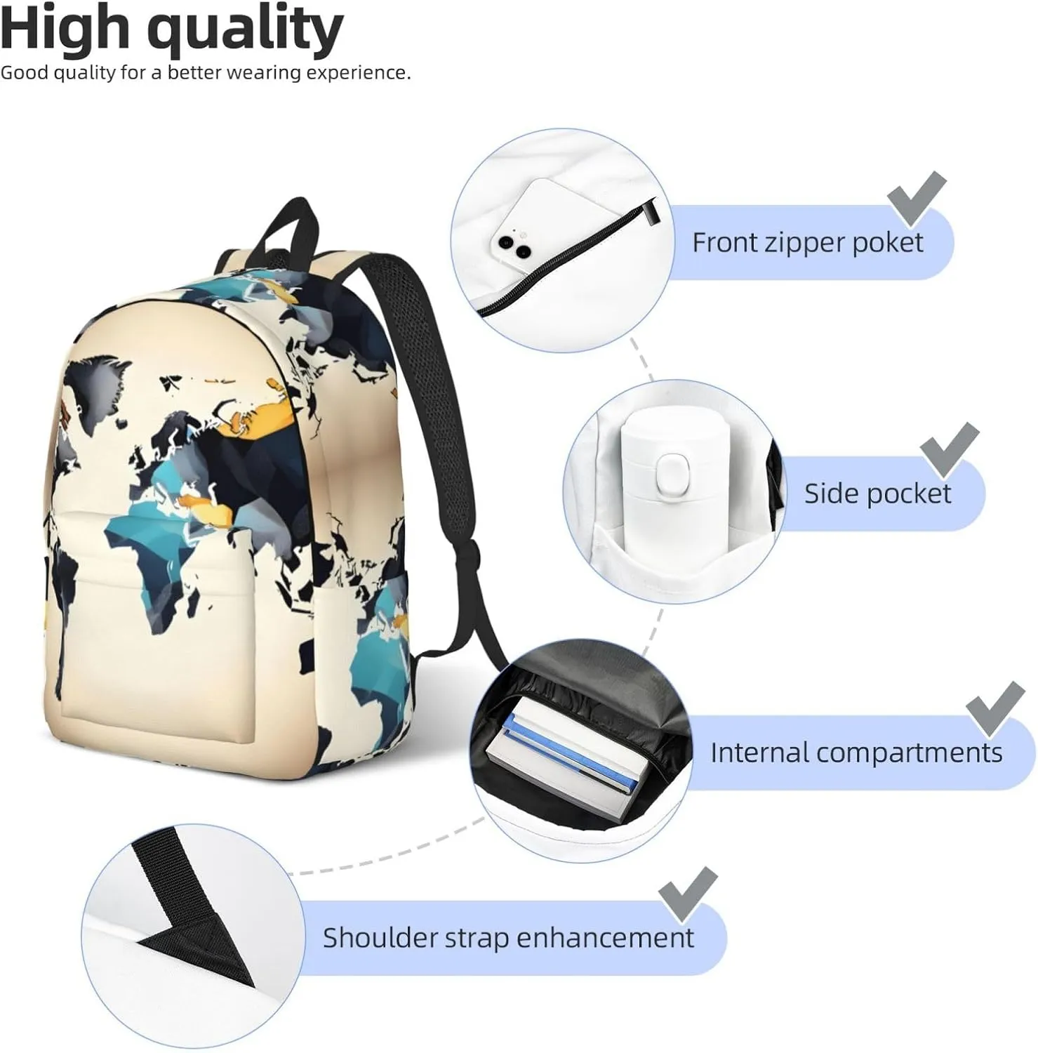 Abstract World Map print Travel Laptop Backpack, Carry on Backpack, Computer Bag for Men Women College Book Bag