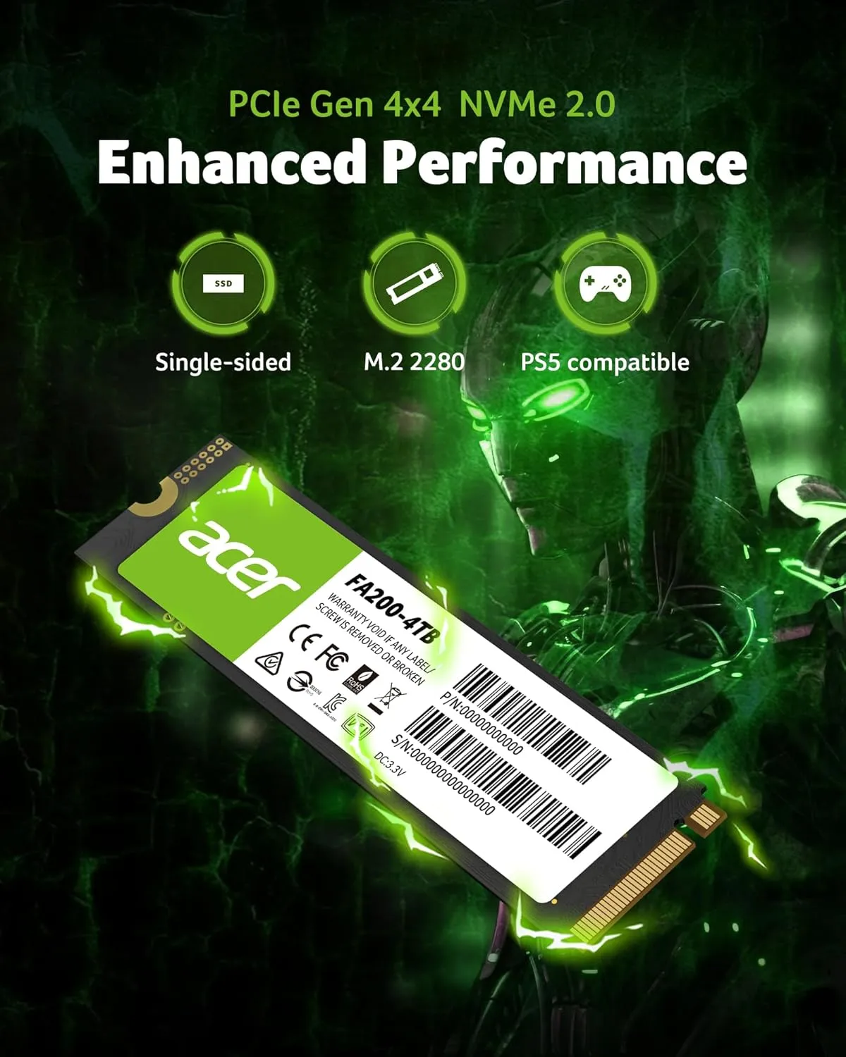 acer FA200 NVMe Gen4 SSD 2TB, PCIe 4.0, M.2 2280, Read Speeds Up to 7200MB/s, Internal Solid State Drive for Laptop, Desktop PC and PS5 Upgrade - BL.9BWWA.125