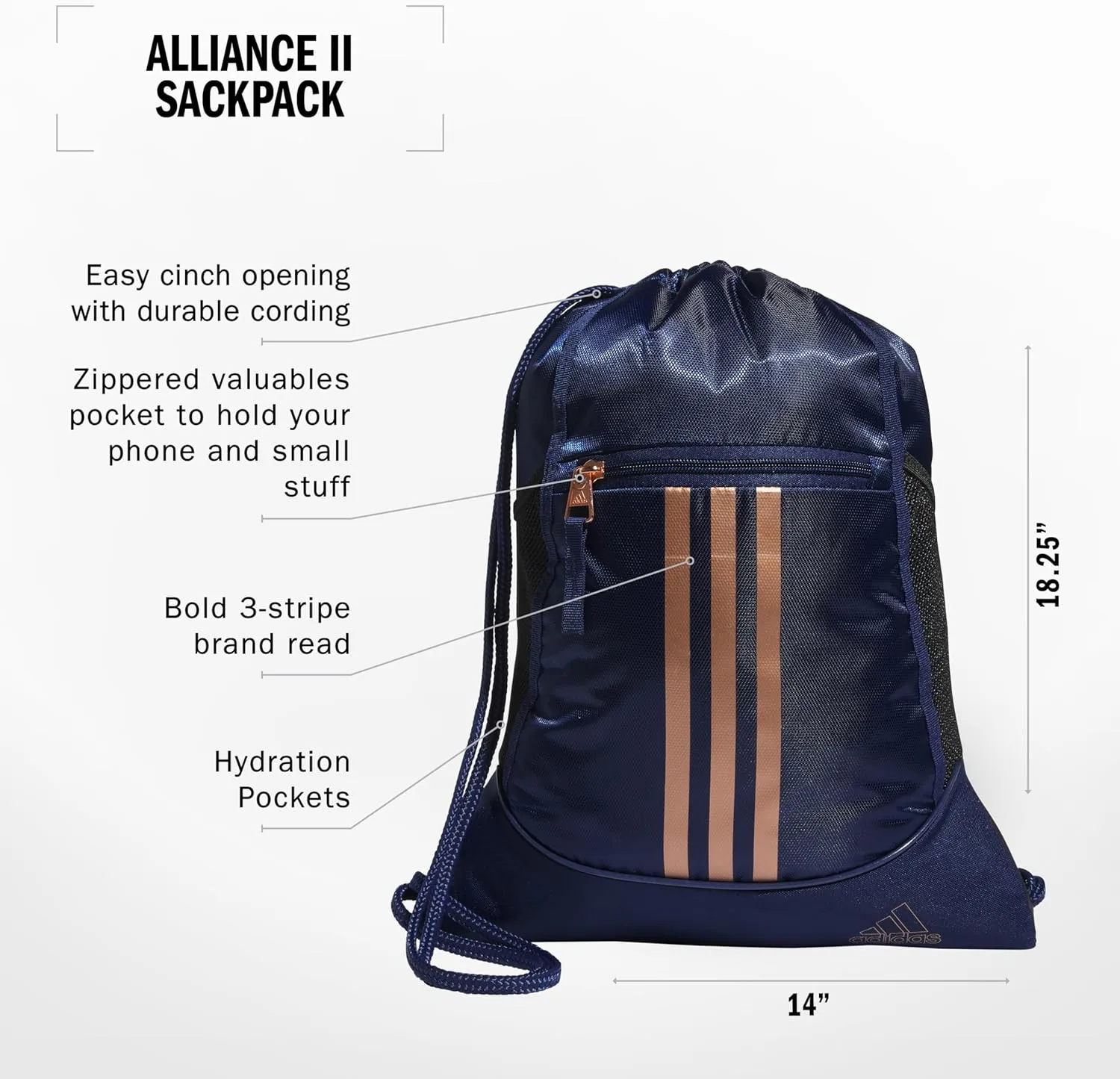 adidas Alliance Sackpack, Drawstring Backpack, Lightweight Small Gym Bag for Women and Men, Dark Blue/Rose Gold, One Size