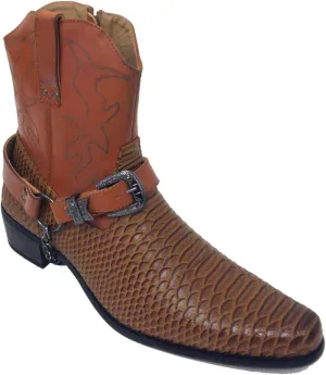 AF J-jap Men’s Cowboy Boots Western Snake Skin Print Alligator Crocodile Zippper Buckle Harness Chain Ankle Shoes (7.5 D(M) US, Brown)