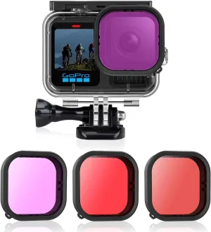 AFAITH 3-Pack Dive Filter Kit   Waterproof Case for GoPro Hero 13/12/11/10/9 Black, Underwater Diving Photography Protective Housing Shell Cover   3-Pack Dive Filter for GoPro Hero 13/12/11/10/9Black