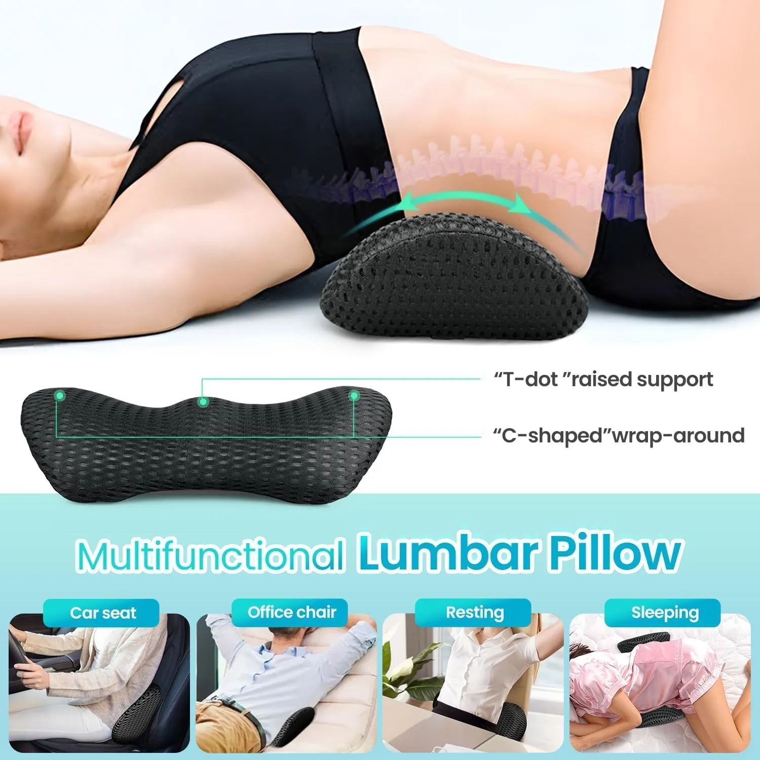 AgoKud Lumbar Pillow, Lumbar Support Pillow for Office Chair and Car Seat, Memory Foam Back Support Pillow for Lower Back Pain Relief, Adjustable Lumbar Pillow for Sleeping, Rest