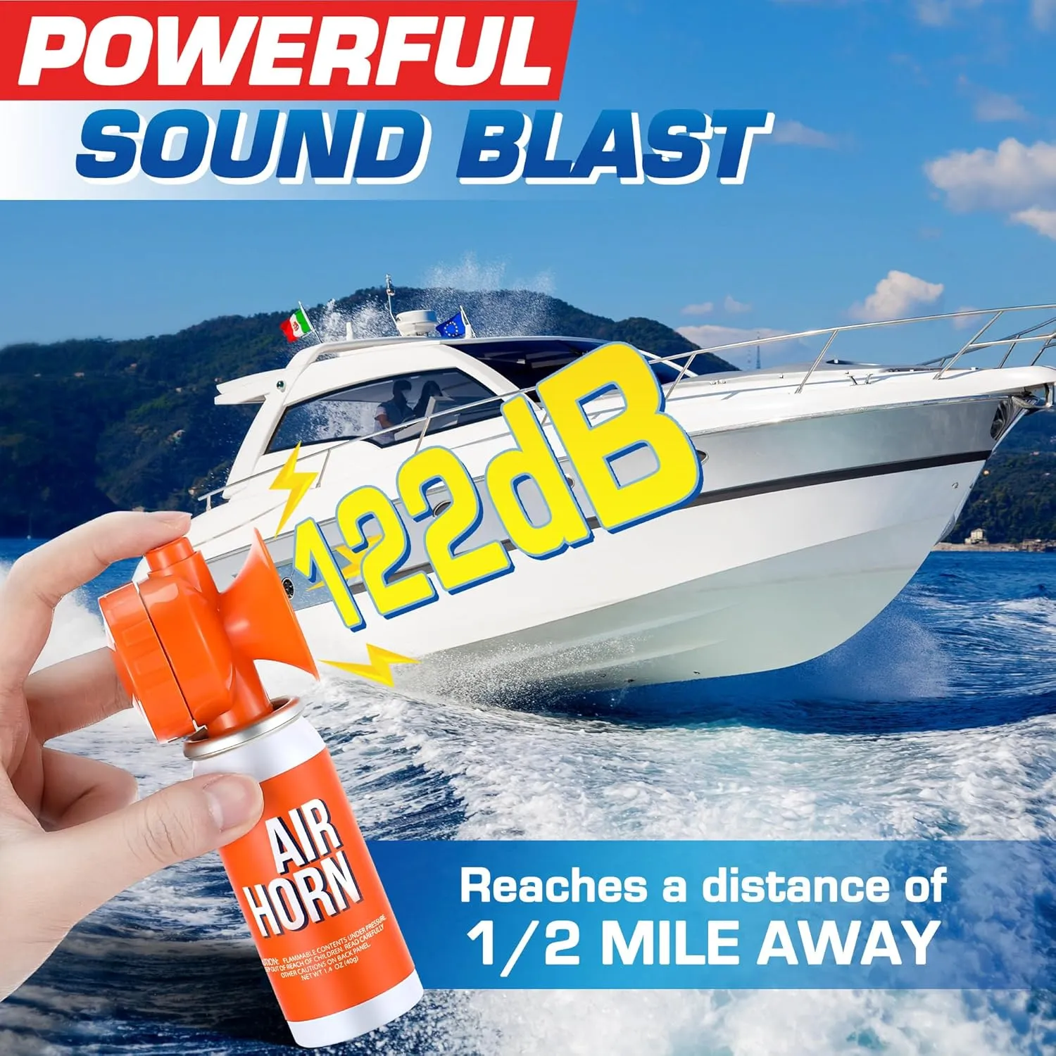 Air Horn 1.4oz, 122dB Loud Air Horns for Safety, Heard Up to 1/2 Mile Away, Small Boat Marine Horn Can, Meet US Coast Guard, Emergency Use for Marine Boating