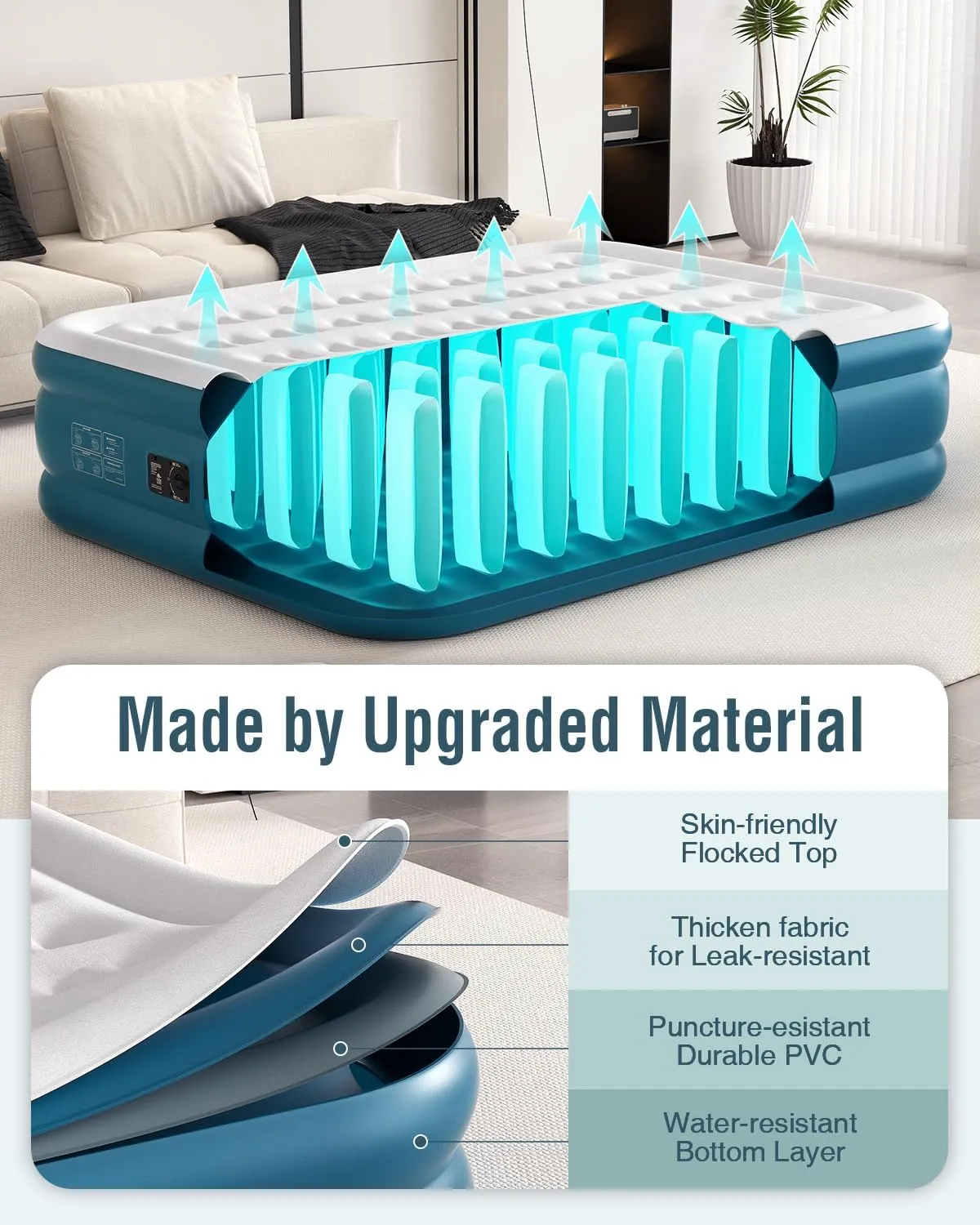 Air Mattress 18", Queen Air Mattress with Built in Pump, Inflatable Mattress with Soft Flocked Top and Portable Carry Bag Adjustable Blow Up Mattress for Guest, Indoor, Travel (Green)