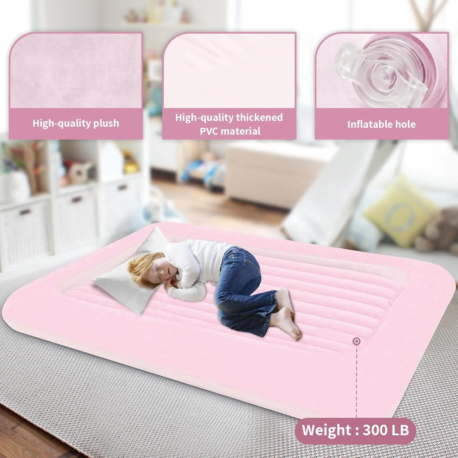 Air Mattress for Kids：Portable Fast Kid air Mattress, Surface with Plush Smooth Comfortable Ideal for Living Room, Room and Outdoor Camping use（Pink）
