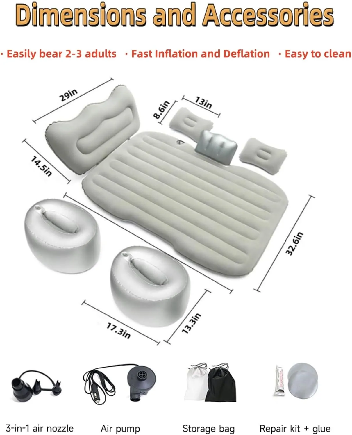 Air Mattress Inflatable Thickened Travel Camping Bed with 2 Pillows & Electric Pump Dedicated Mobile Cushion Inflatable Bed for Car SUV Rear Seat Car Sleeping Bed for Outdoor and Travel (Silvery Grey)