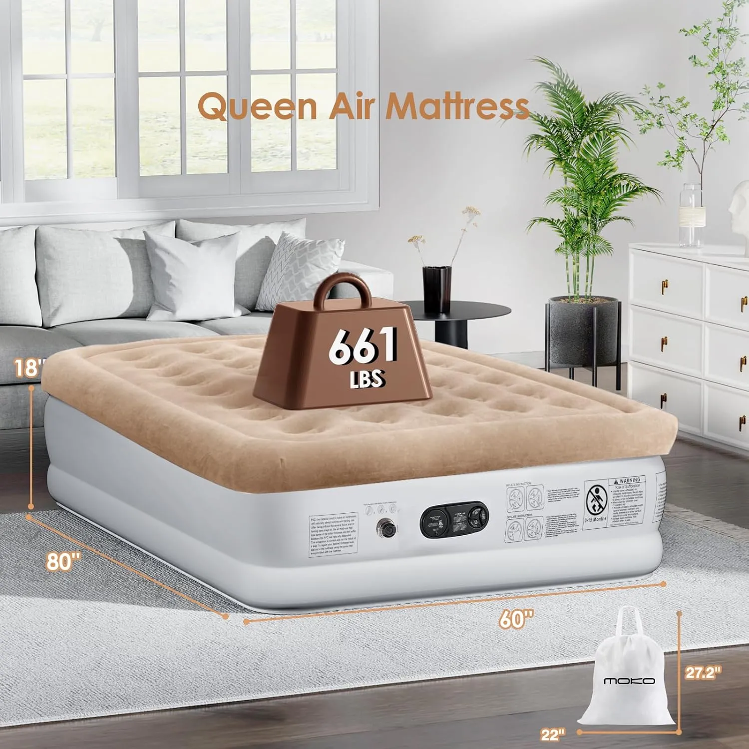 Air Mattress Queen with Built in Pump, 18'' Luxury Inflatable Mattress, 3 Min Fast Blow up Mattress with Dual-Chamber, Comfort Top - Velvety Air Bed for Home, Camping, Travel, Guests, White   Khaki