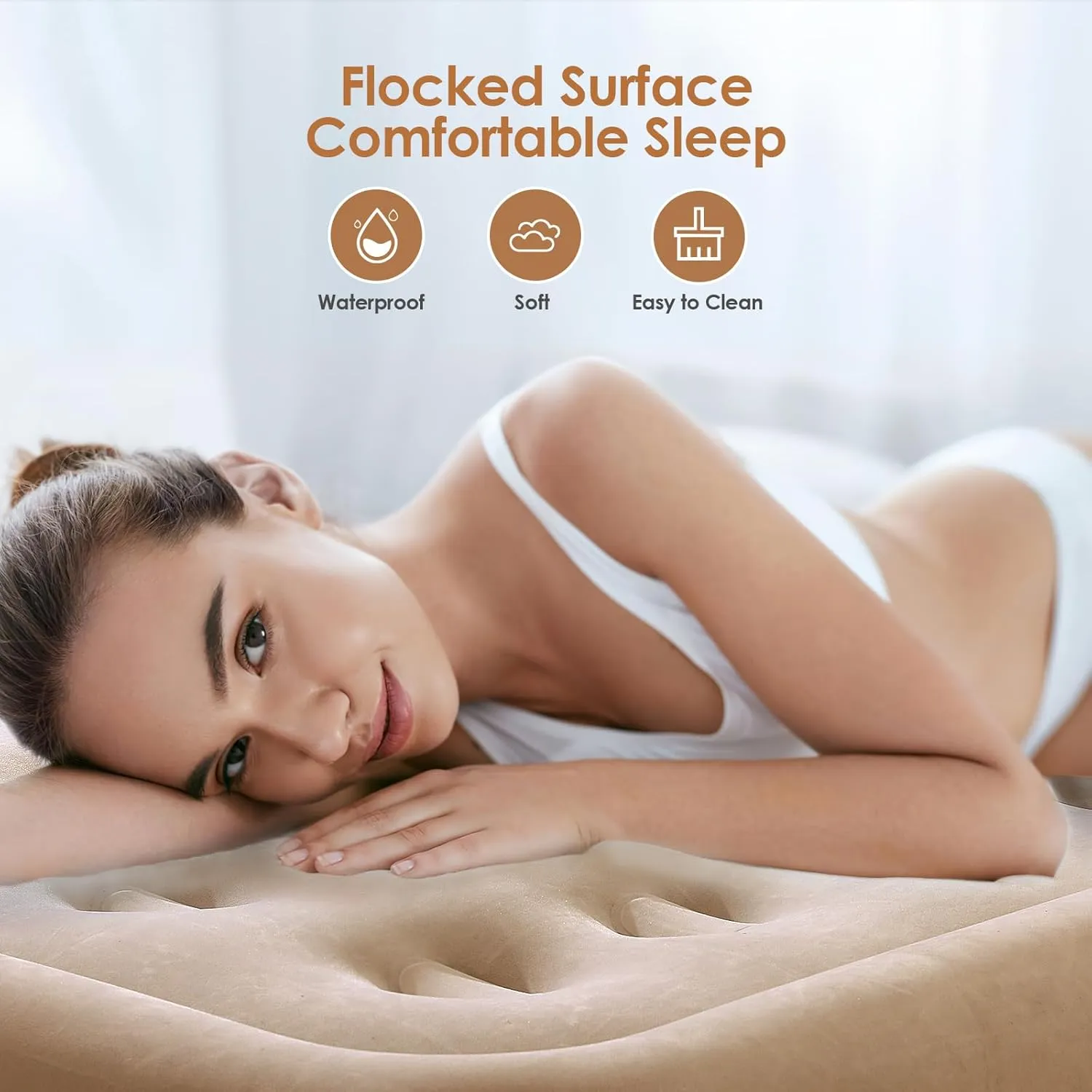 Air Mattress Queen with Built in Pump, 18'' Luxury Inflatable Mattress, 3 Min Fast Blow up Mattress with Dual-Chamber, Comfort Top - Velvety Air Bed for Home, Camping, Travel, Guests, White   Khaki