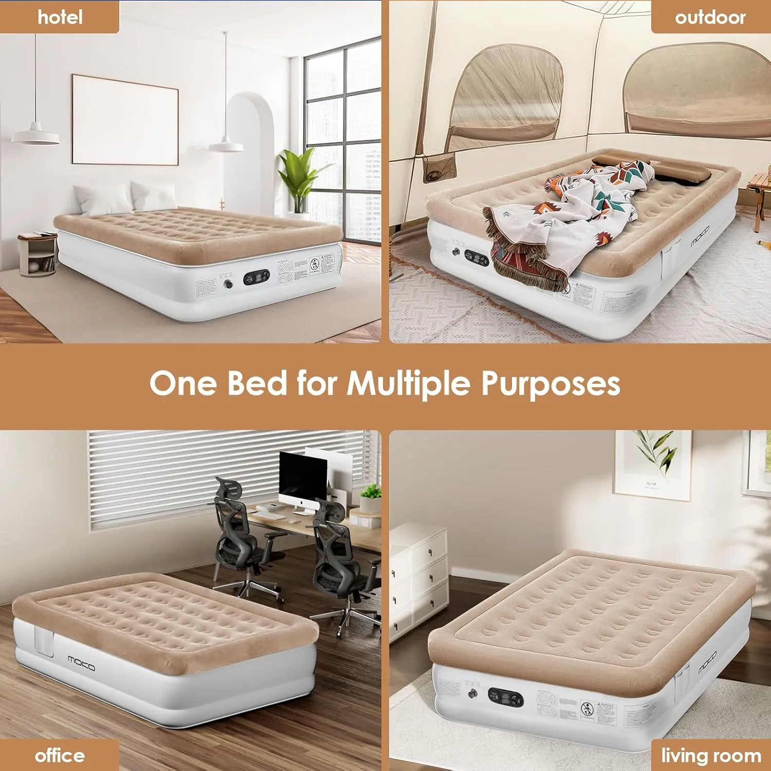 Air Mattress Queen with Built in Pump, 18'' Luxury Inflatable Mattress, 3 Min Fast Blow up Mattress with Dual-Chamber, Comfort Top - Velvety Air Bed for Home, Camping, Travel, Guests, White   Khaki