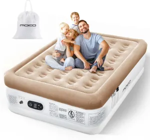 Air Mattress Queen with Built in Pump, 18'' Luxury Inflatable Mattress, 3 Min Fast Blow up Mattress with Dual-Chamber, Comfort Top - Velvety Air Bed for Home, Camping, Travel, Guests, White   Khaki