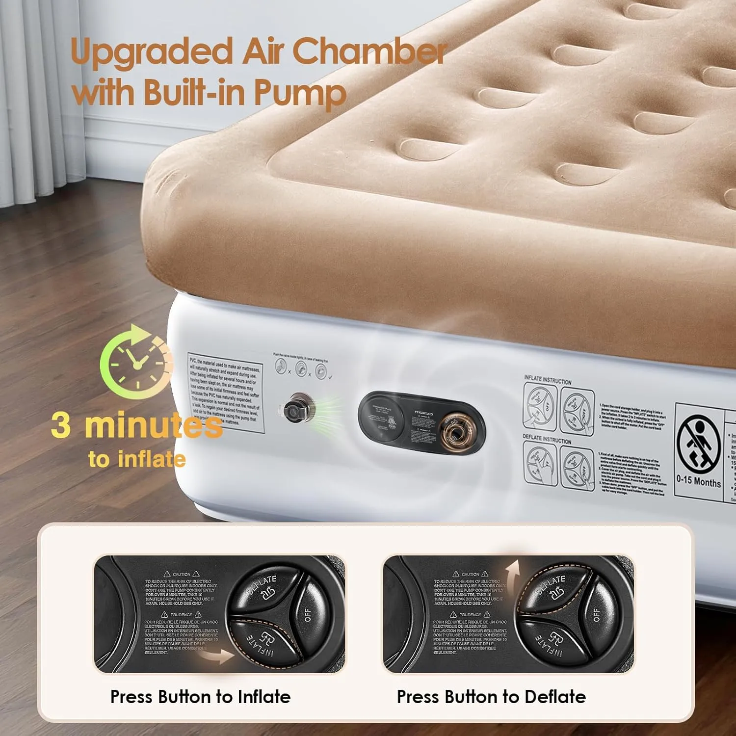 Air Mattress Queen with Built in Pump, 18'' Luxury Inflatable Mattress, 3 Min Fast Blow up Mattress with Dual-Chamber, Comfort Top - Velvety Air Bed for Home, Camping, Travel, Guests, White   Khaki
