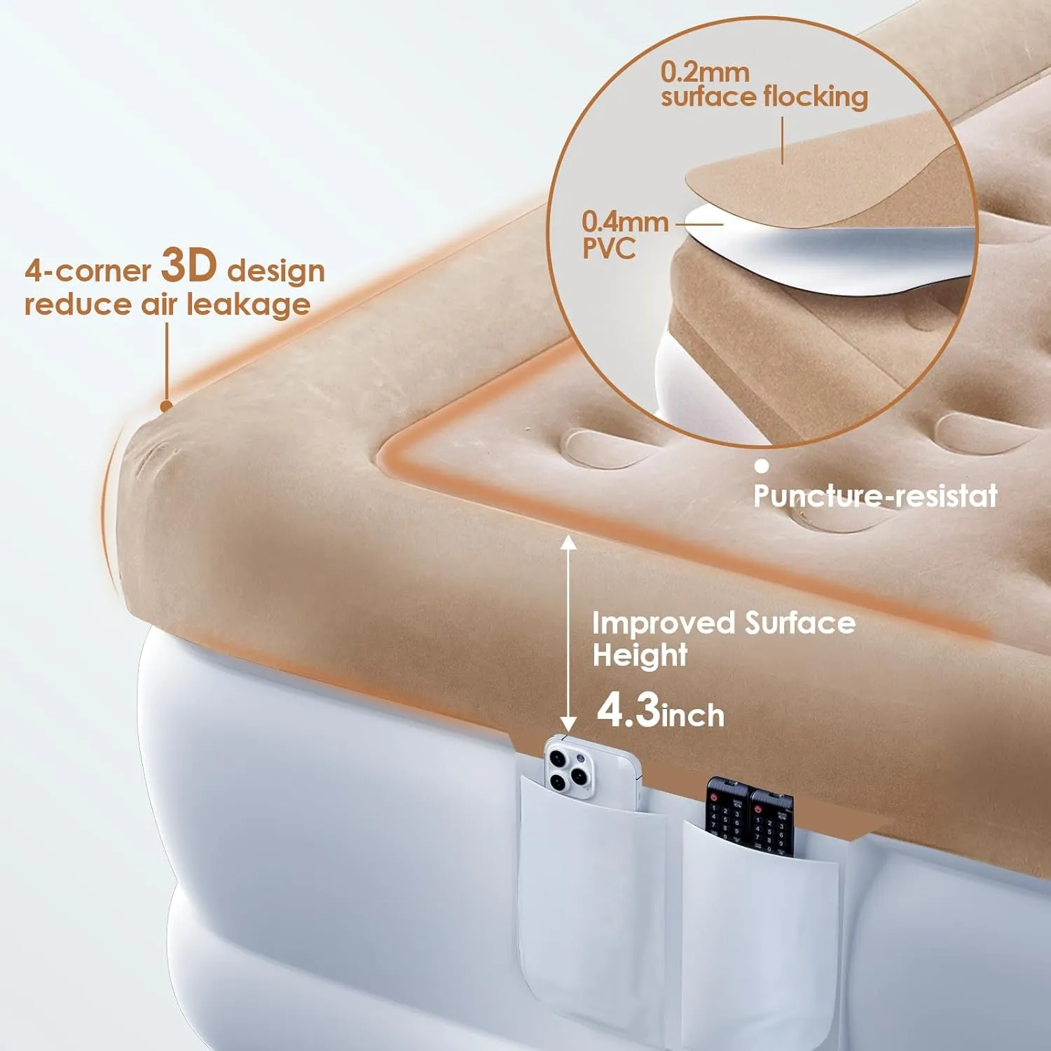 Air Mattress Queen with Built in Pump, 18'' Luxury Inflatable Mattress, 3 Min Fast Blow up Mattress with Dual-Chamber, Comfort Top - Velvety Air Bed for Home, Camping, Travel, Guests, White   Khaki