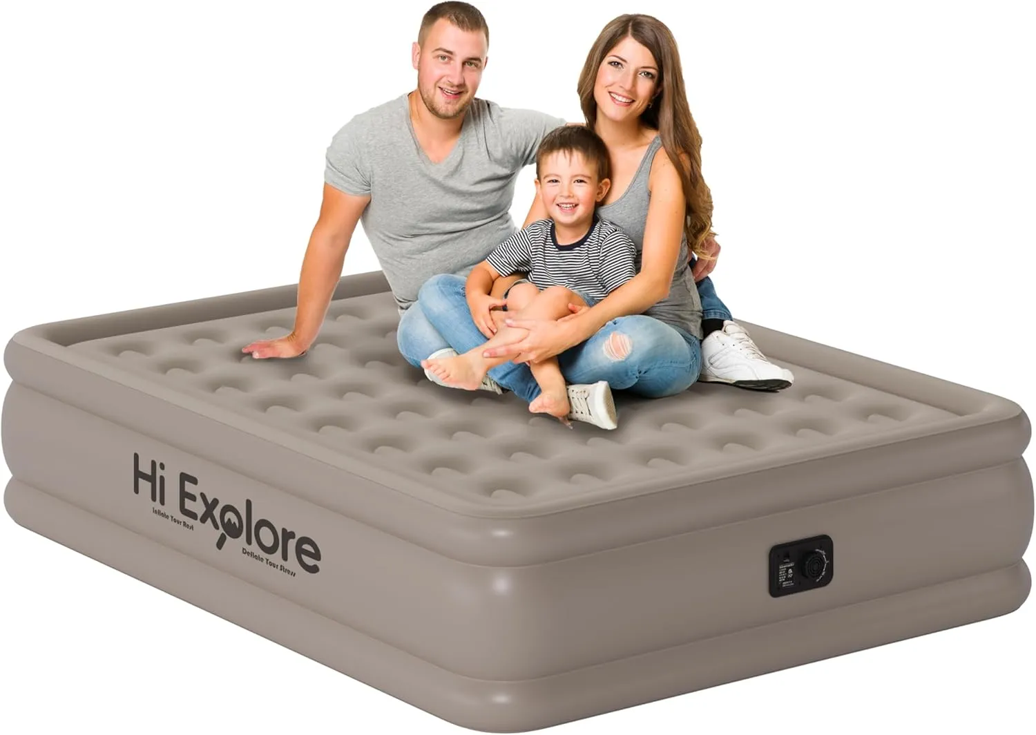 Air Mattress Queen with Built in Pump Raised, Comfort Plush Self Inflating Mattress, Inflatable Blow Up Mattress, Portable Airbed for Home, Guests, Camping(Khaki, 18” Height)