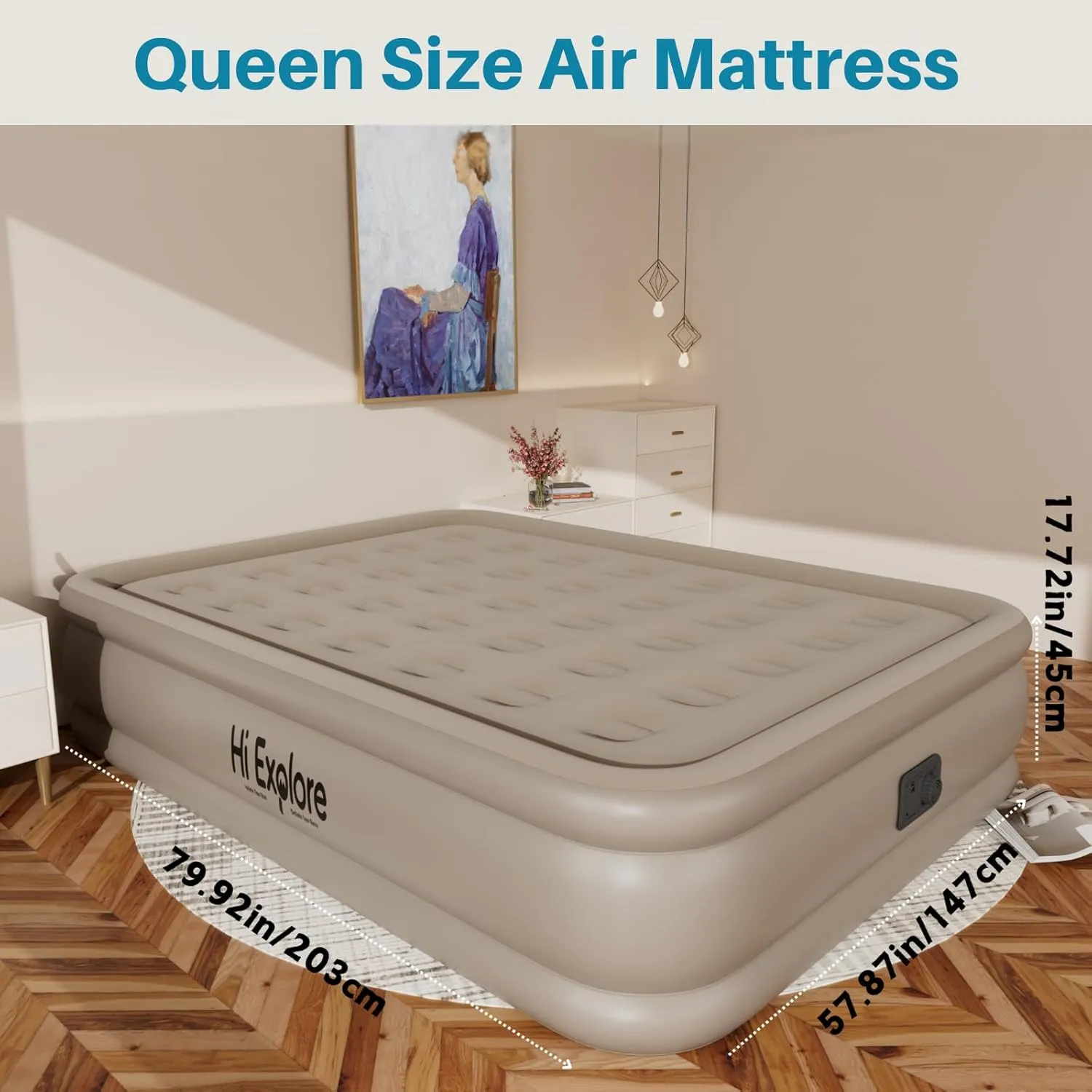 Air Mattress Queen with Built in Pump Raised, Comfort Plush Self Inflating Mattress, Inflatable Blow Up Mattress, Portable Airbed for Home, Guests, Camping(Khaki, 18” Height)