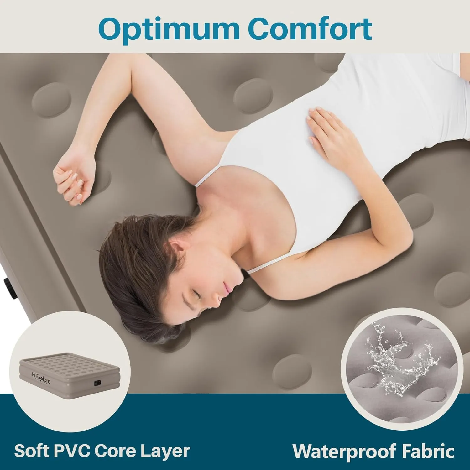 Air Mattress Queen with Built in Pump Raised, Comfort Plush Self Inflating Mattress, Inflatable Blow Up Mattress, Portable Airbed for Home, Guests, Camping(Khaki, 18” Height)