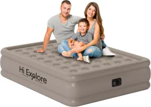 Air Mattress Queen with Built in Pump Raised, Comfort Plush Self Inflating Mattress, Inflatable Blow Up Mattress, Portable Airbed for Home, Guests, Camping(Khaki, 18” Height)