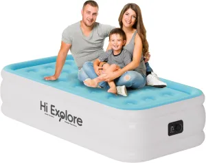 Air Mattress Twin with Built in Pump Raised, Comfort Plush Self Inflating Mattress, Inflatable Blow Up Mattress, Portable Airbed for Home, Guests, Camping(Light Blue, 18” Height)