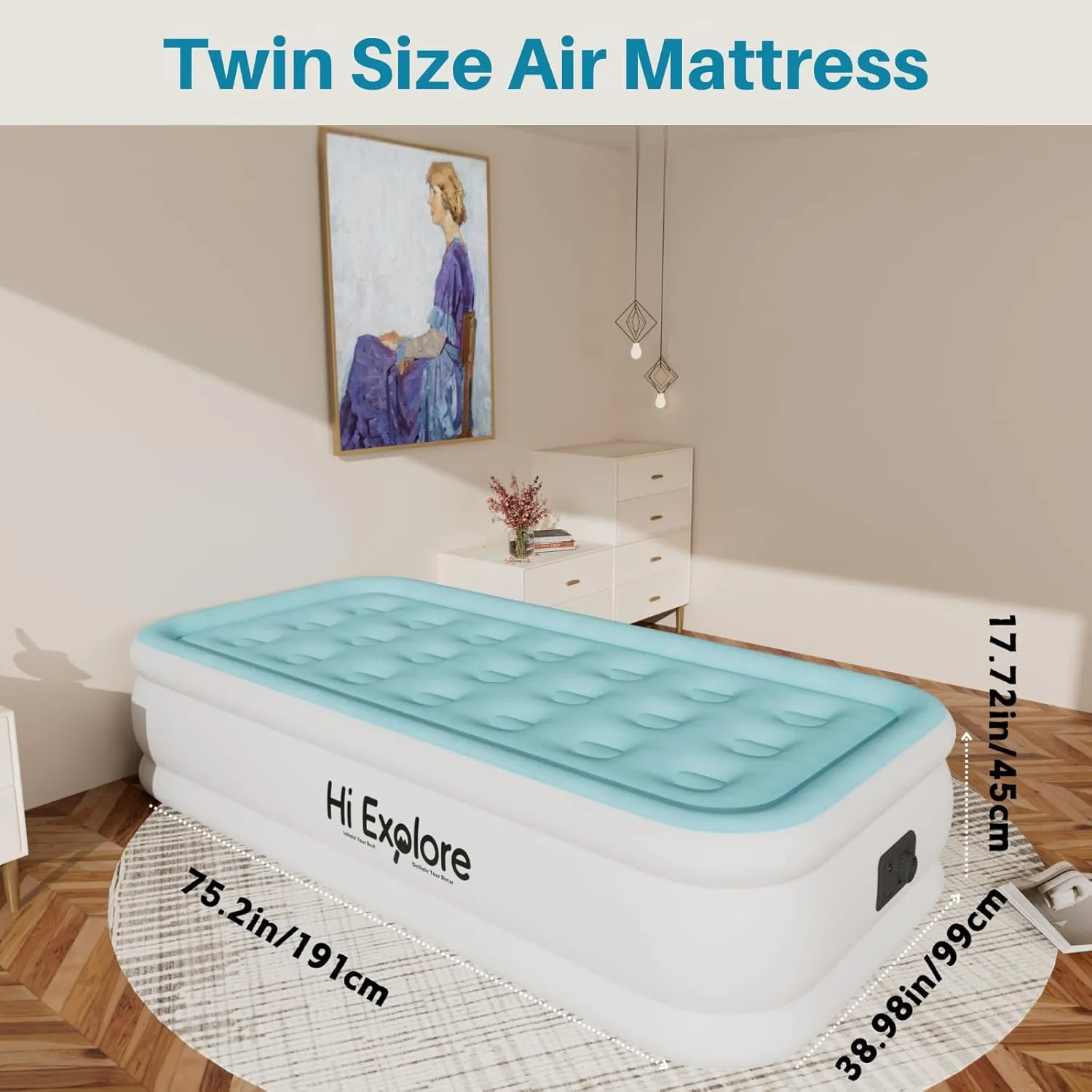 Air Mattress Twin with Built in Pump Raised, Comfort Plush Self Inflating Mattress, Inflatable Blow Up Mattress, Portable Airbed for Home, Guests, Camping(Light Blue, 18” Height)