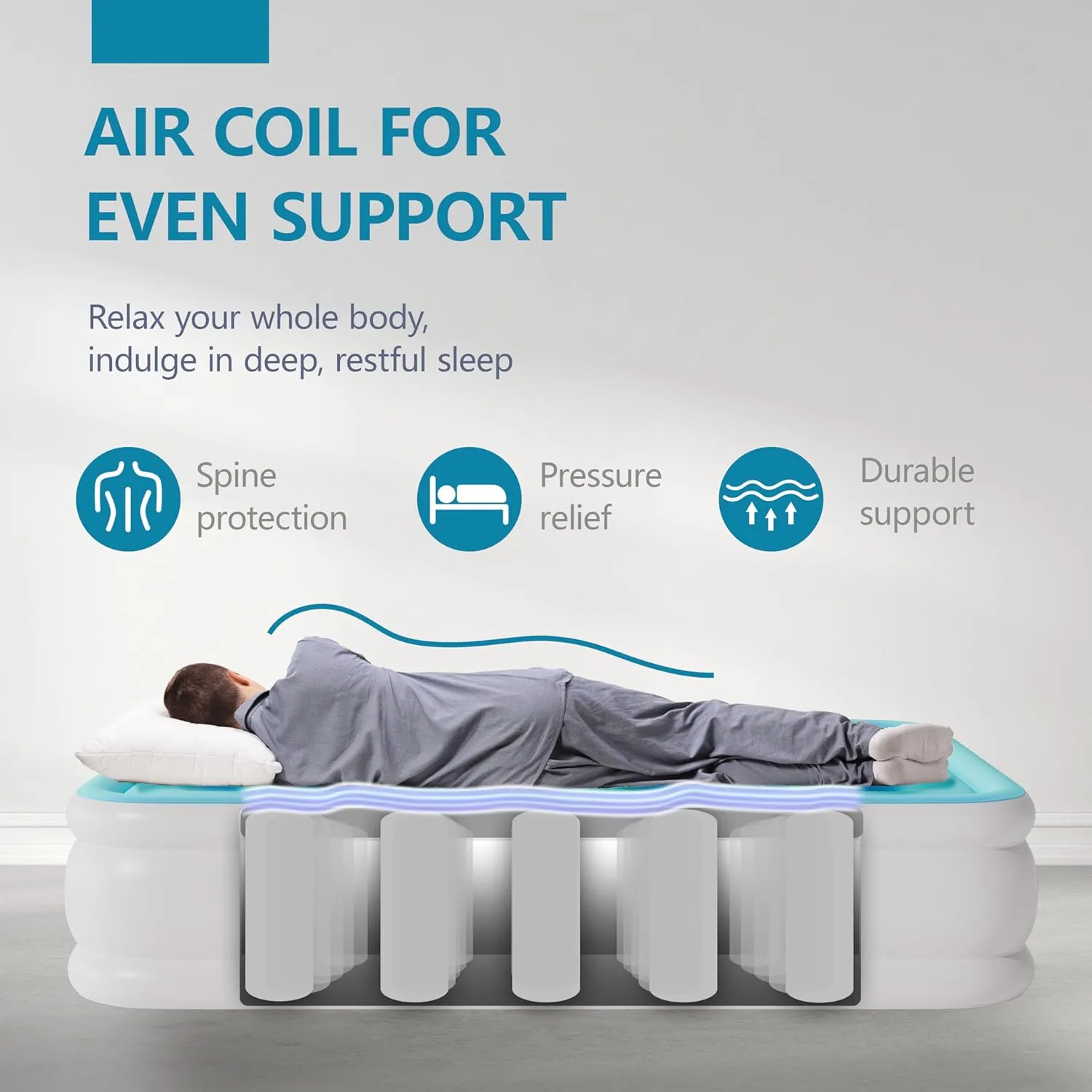 Air Mattress Twin with Built in Pump Raised, Comfort Plush Self Inflating Mattress, Inflatable Blow Up Mattress, Portable Airbed for Home, Guests, Camping(Light Blue, 18” Height)