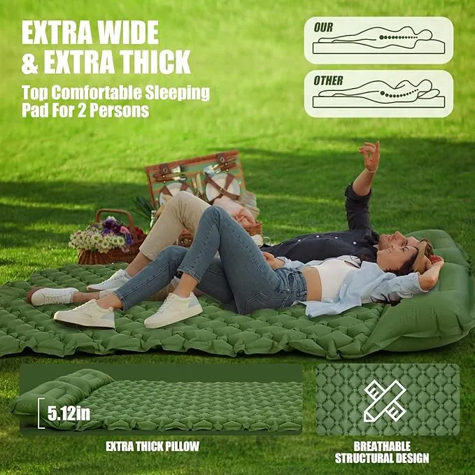 AKSOUL Double Camping Inflatable Sleeping Pad : Ultralight 2 Persons Backpacking Self Inflating Mat with Pillow, Lightweight Wide Compact Sleep Air Mattress for Camp, Family Travel,Hiking