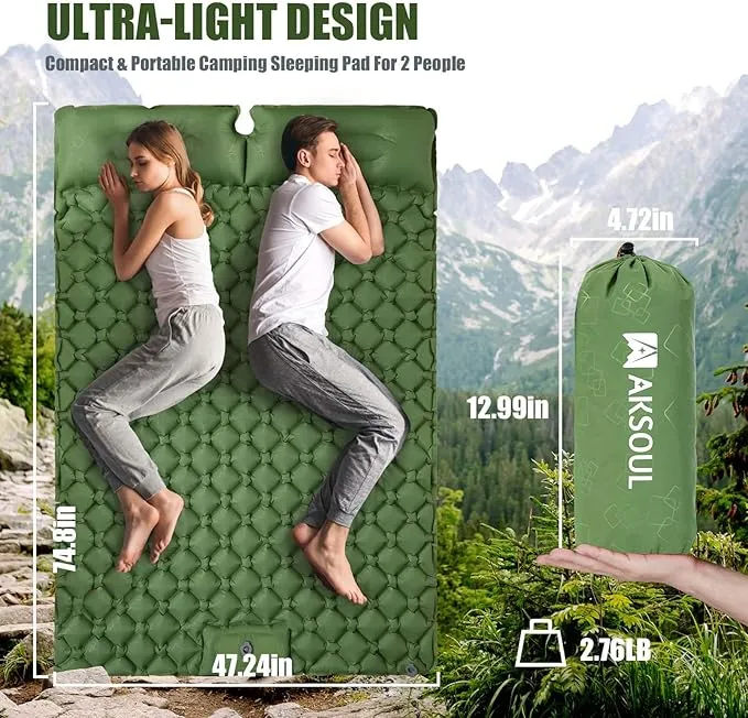 AKSOUL Double Camping Inflatable Sleeping Pad : Ultralight 2 Persons Backpacking Self Inflating Mat with Pillow, Lightweight Wide Compact Sleep Air Mattress for Camp, Family Travel,Hiking
